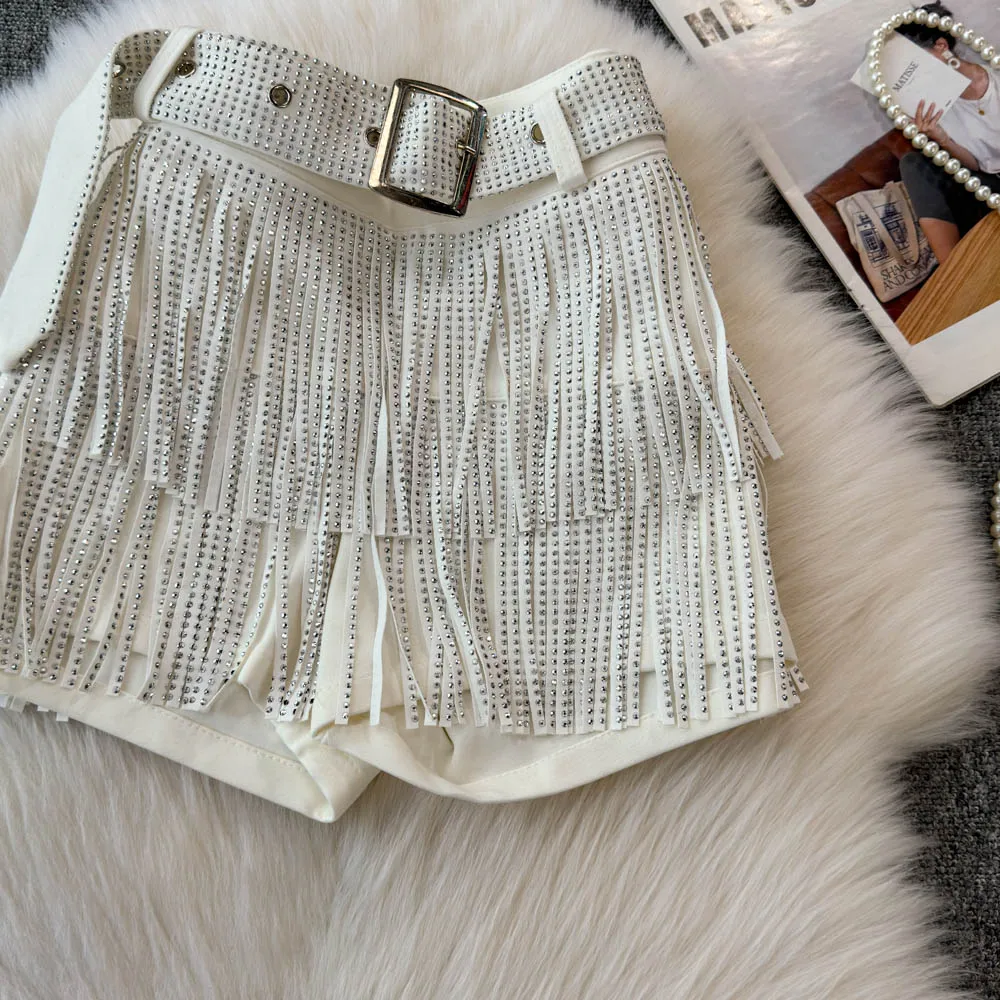 Personality Fashion Tassel Shorts Summer Women's Diamond Black Sexy Mid Waist Dance Denim Hotpants Temperament Versatile Shorts