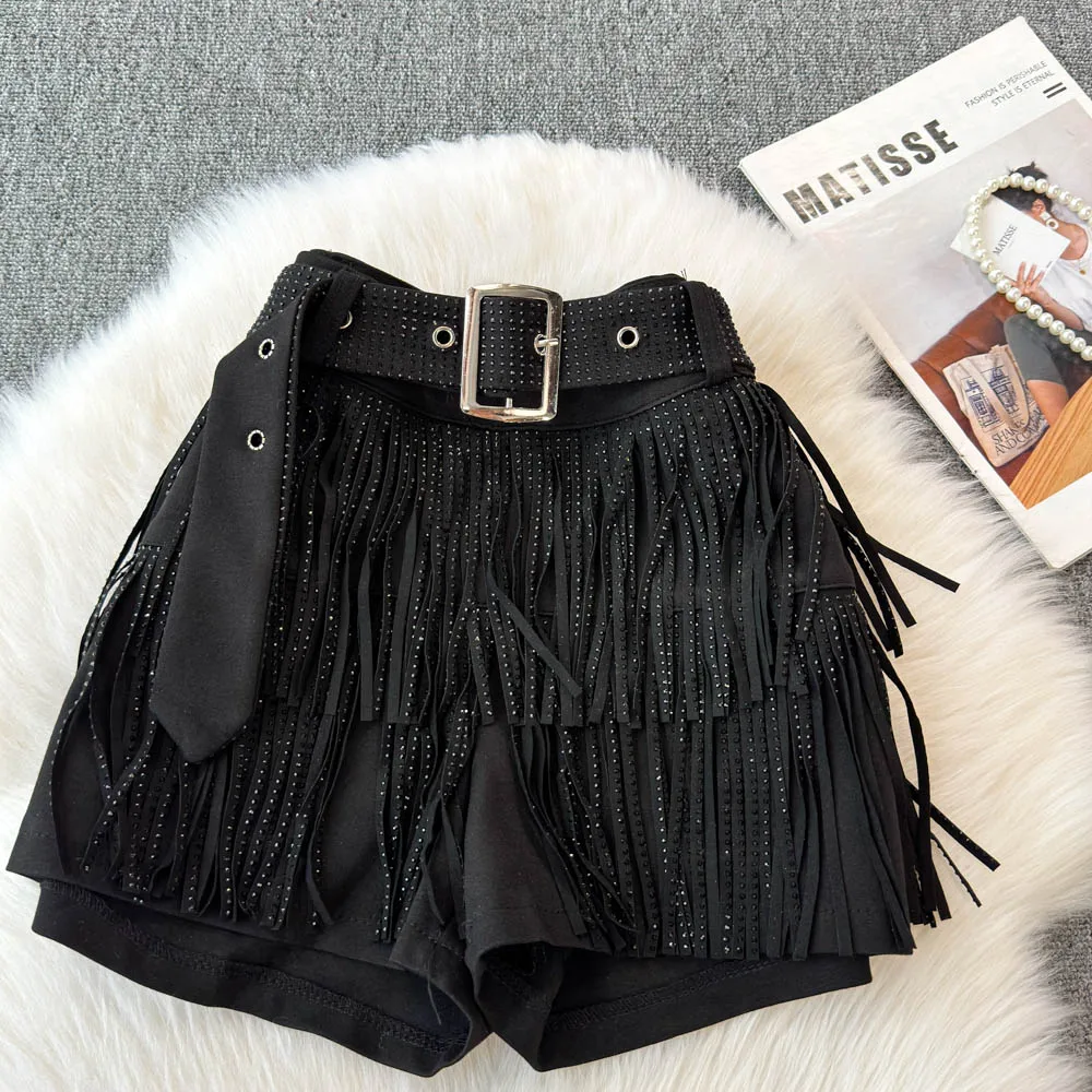 Personality Fashion Tassel Shorts Summer Women's Diamond Black Sexy Mid Waist Dance Denim Hotpants Temperament Versatile Shorts