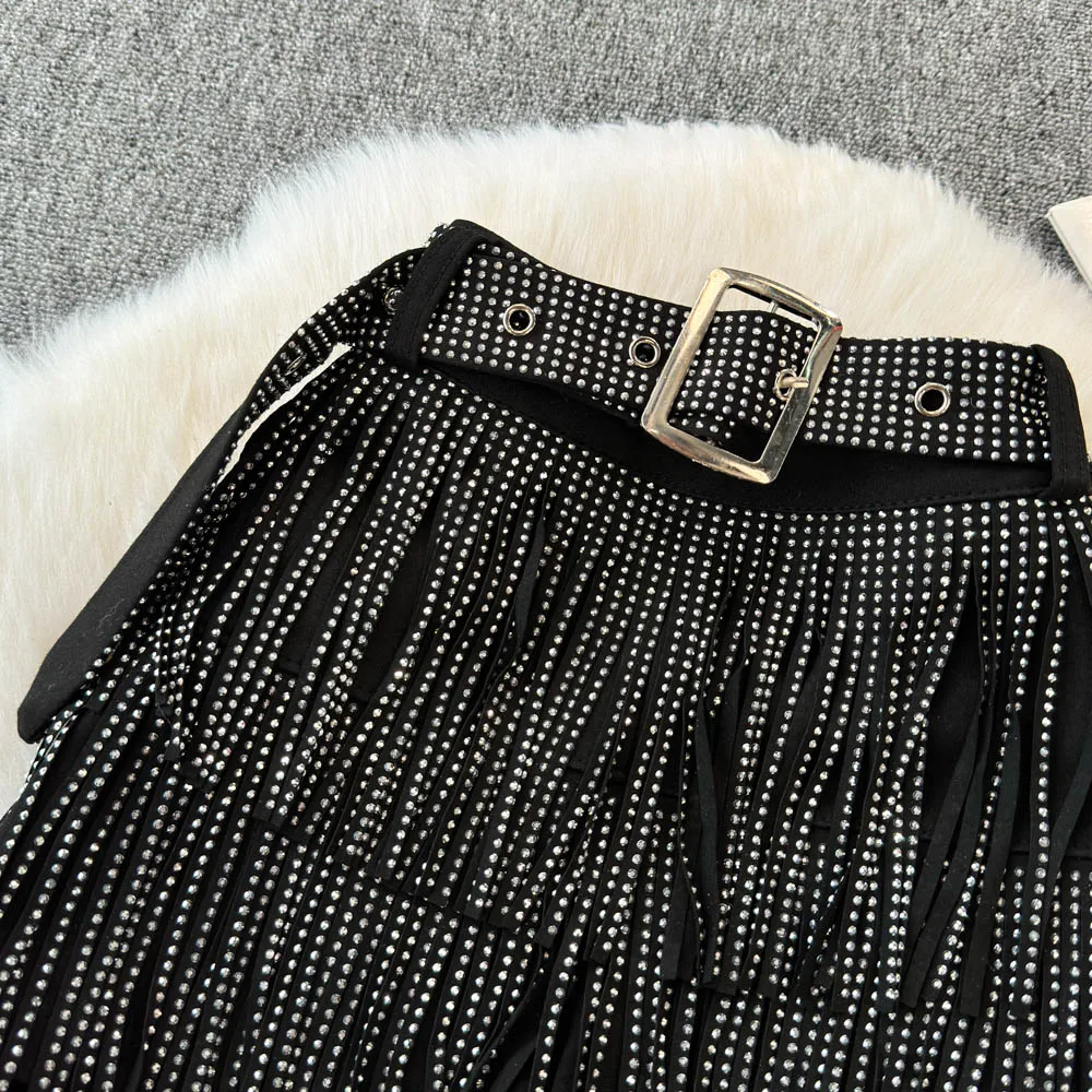 Personality Fashion Tassel Shorts Summer Women's Diamond Black Sexy Mid Waist Dance Denim Hotpants Temperament Versatile Shorts