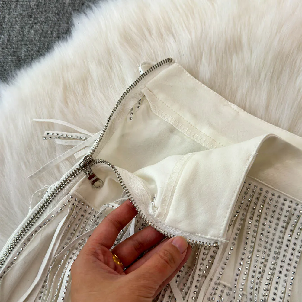 Personality Fashion Tassel Shorts Summer Women's Diamond Black Sexy Mid Waist Dance Denim Hotpants Temperament Versatile Shorts