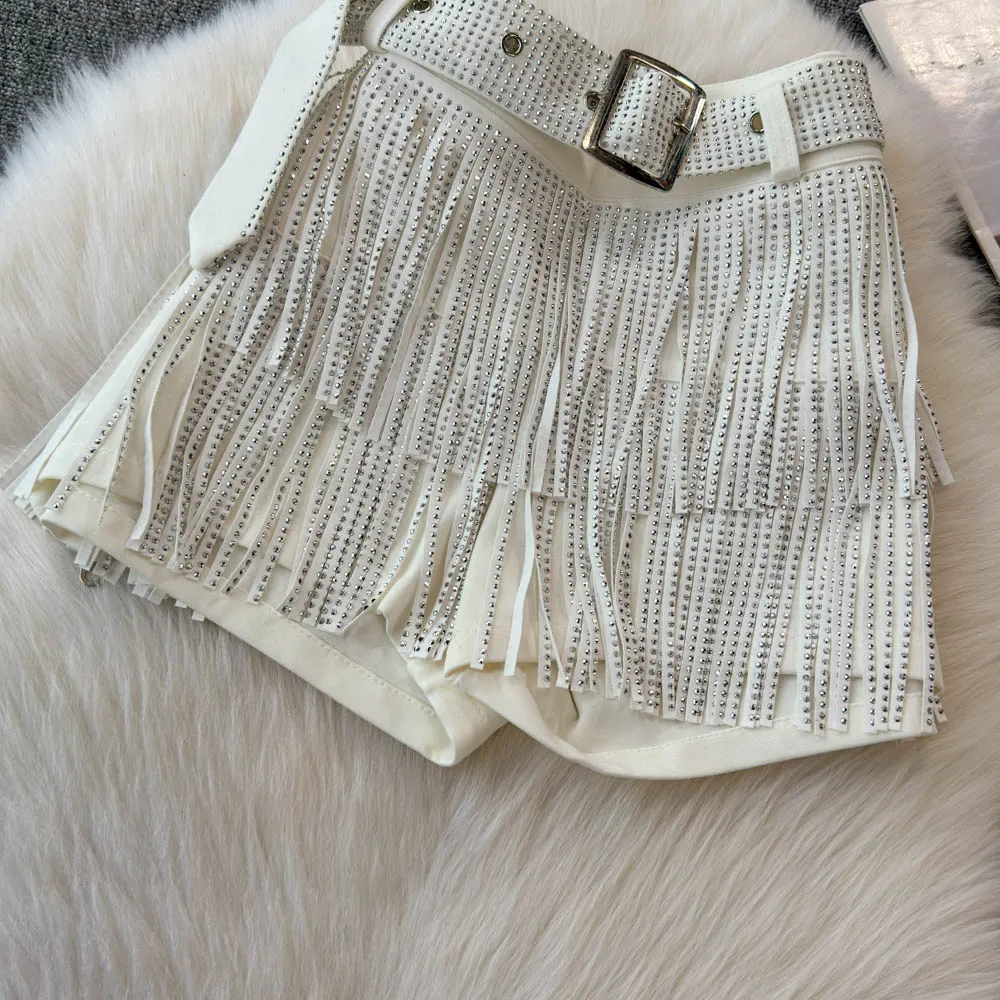 Personality Fashion Tassel Shorts Summer Women's Diamond Black Sexy Mid Waist Dance Denim Hotpants Temperament Versatile Shorts