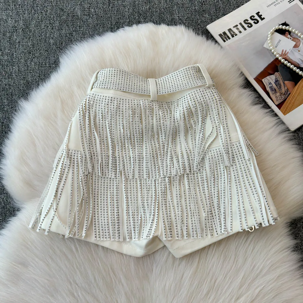 Personality Fashion Tassel Shorts Summer Women's Diamond Black Sexy Mid Waist Dance Denim Hotpants Temperament Versatile Shorts