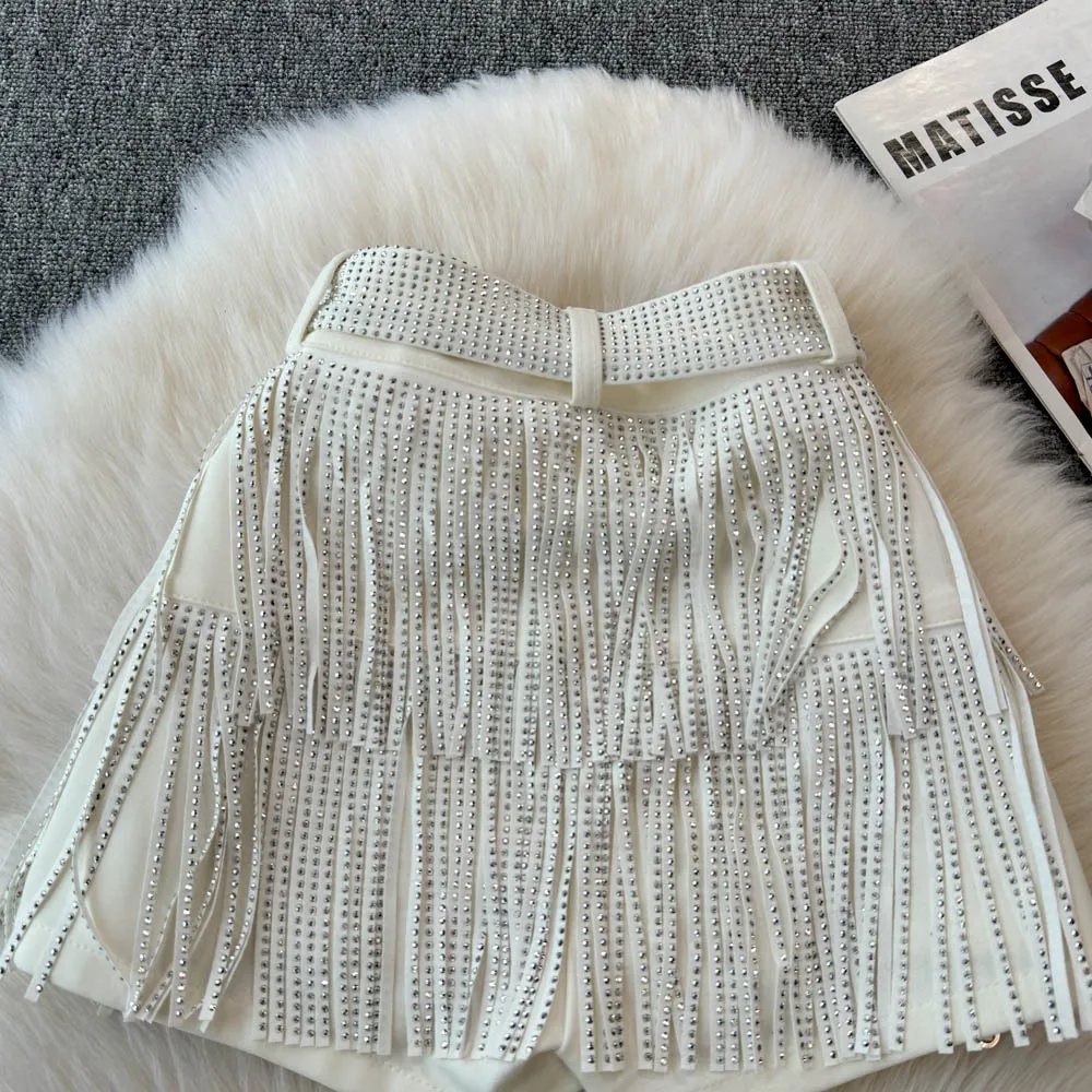 Personality Fashion Tassel Shorts Summer Women's Diamond Black Sexy Mid Waist Dance Denim Hotpants Temperament Versatile Shorts