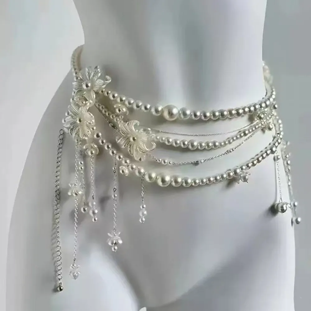 Elegant Design Imitation Pearl Waist Beads Pearl Imitation Summer Style Bikini Belt Chain Link Tassel Detail Body Jewelry