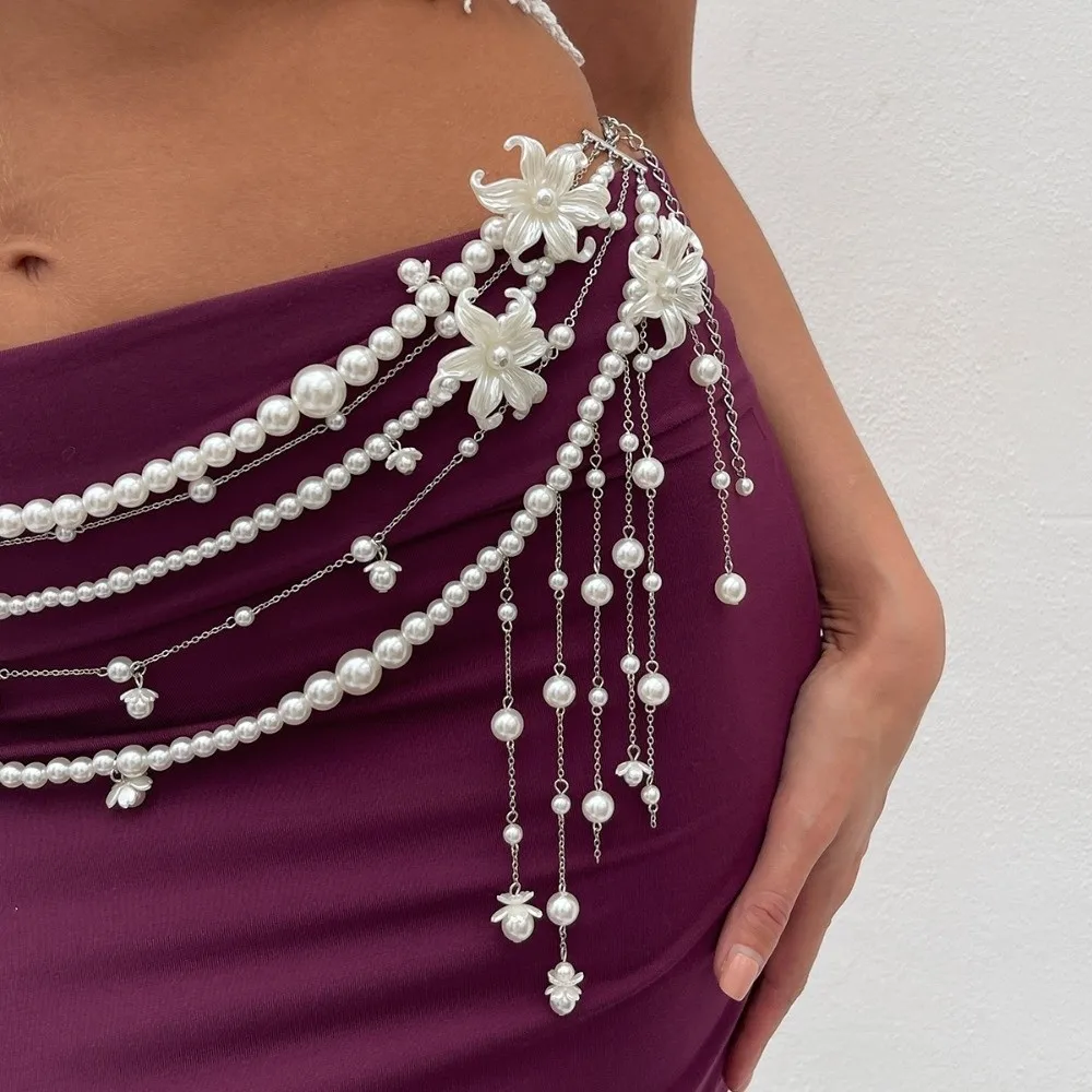 Elegant Design Imitation Pearl Waist Beads Pearl Imitation Summer Style Bikini Belt Chain Link Tassel Detail Body Jewelry