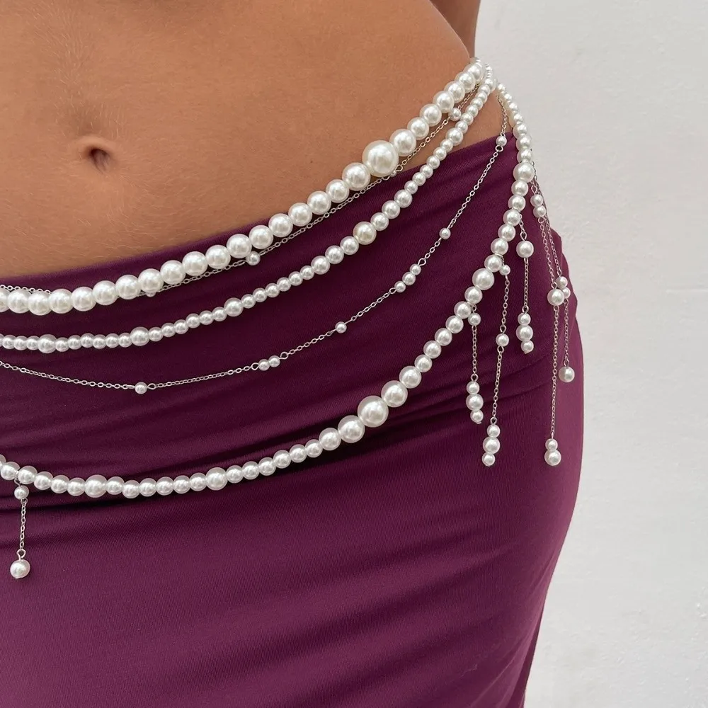Elegant Design Imitation Pearl Waist Beads Pearl Imitation Summer Style Bikini Belt Chain Link Tassel Detail Body Jewelry