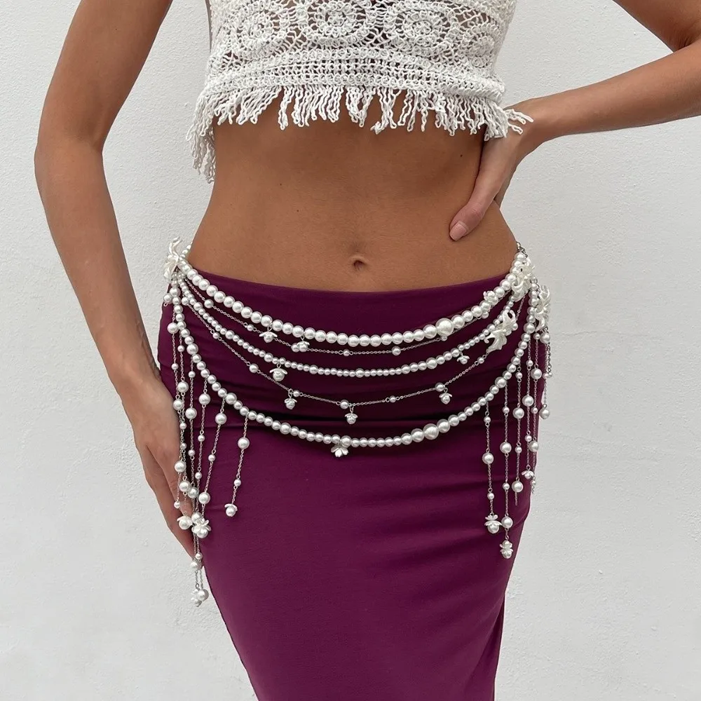 Elegant Design Imitation Pearl Waist Beads Pearl Imitation Summer Style Bikini Belt Chain Link Tassel Detail Body Jewelry