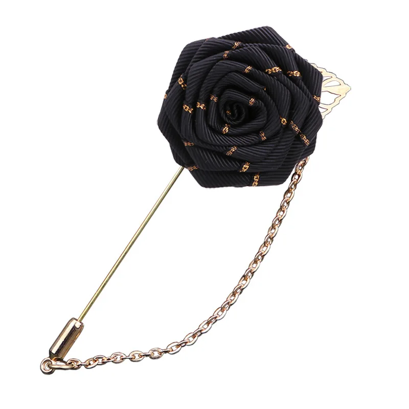 Men Wedding Brooches Cloth Art Handmade Rose Flower Brooch Lapel Pin Badge Tassel Chain Men's Suit Accessories Groom Boutonniere
