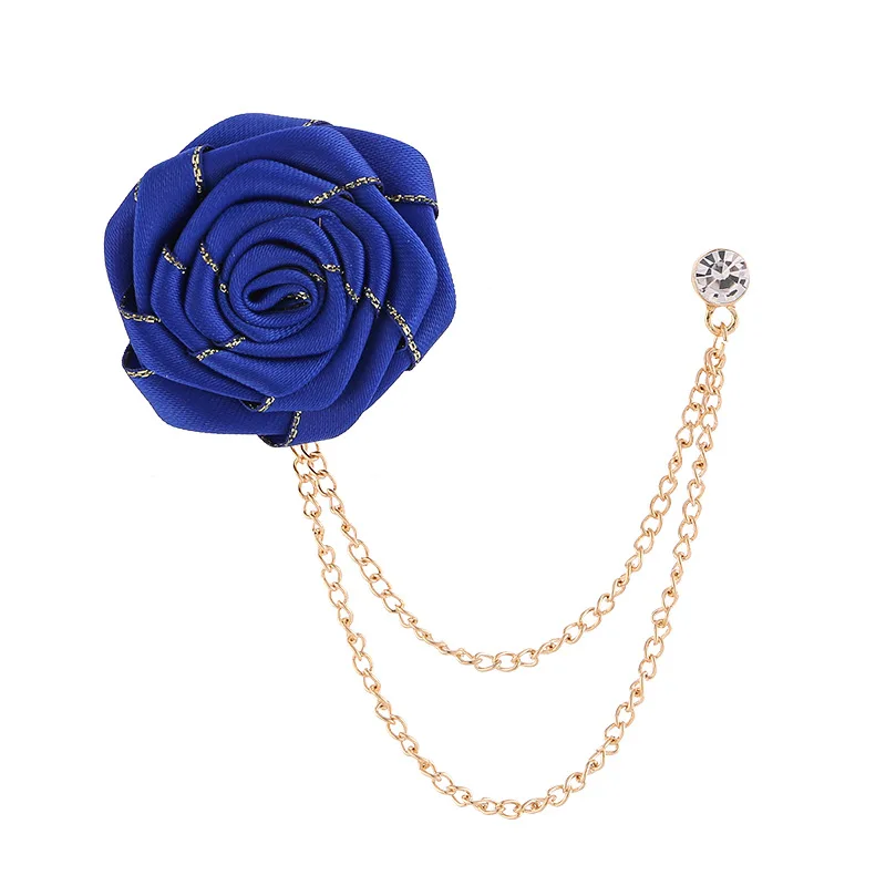 Men Wedding Brooches Cloth Art Handmade Rose Flower Brooch Lapel Pin Badge Tassel Chain Men's Suit Accessories Groom Boutonniere