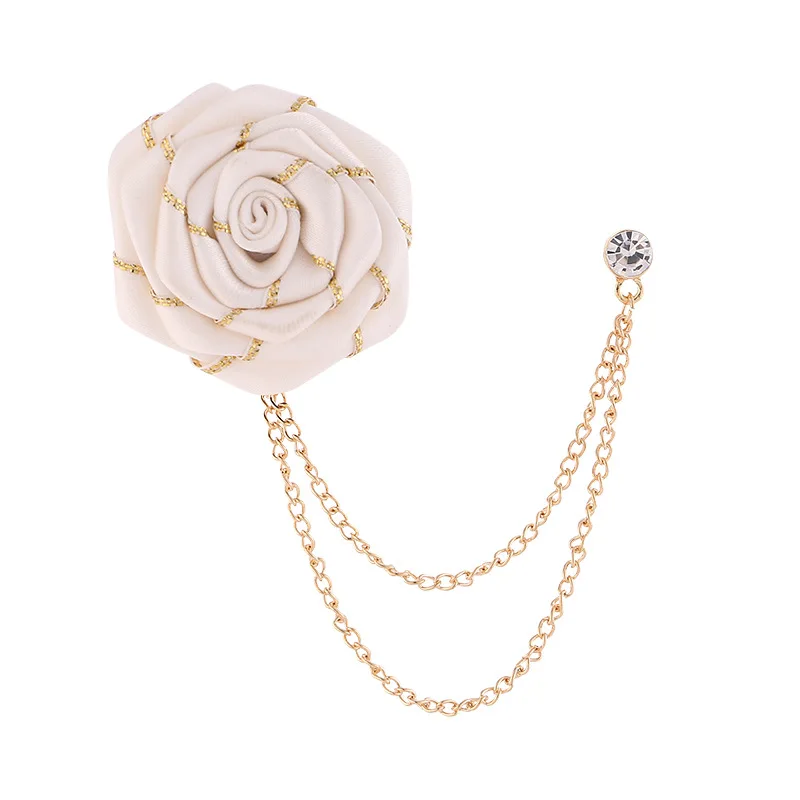 Men Wedding Brooches Cloth Art Handmade Rose Flower Brooch Lapel Pin Badge Tassel Chain Men's Suit Accessories Groom Boutonniere