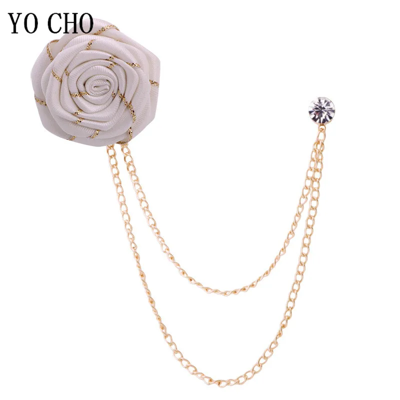Men Wedding Brooches Cloth Art Handmade Rose Flower Brooch Lapel Pin Badge Tassel Chain Men's Suit Accessories Groom Boutonniere