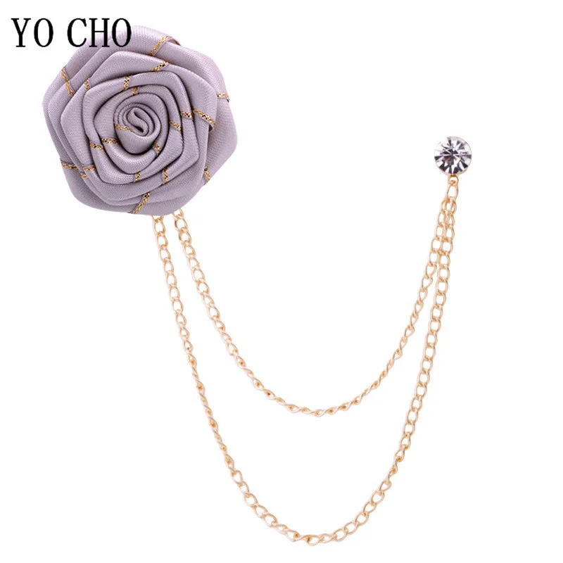 Men Wedding Brooches Cloth Art Handmade Rose Flower Brooch Lapel Pin Badge Tassel Chain Men's Suit Accessories Groom Boutonniere