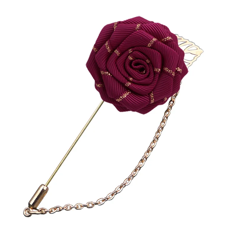 Men Wedding Brooches Cloth Art Handmade Rose Flower Brooch Lapel Pin Badge Tassel Chain Men's Suit Accessories Groom Boutonniere