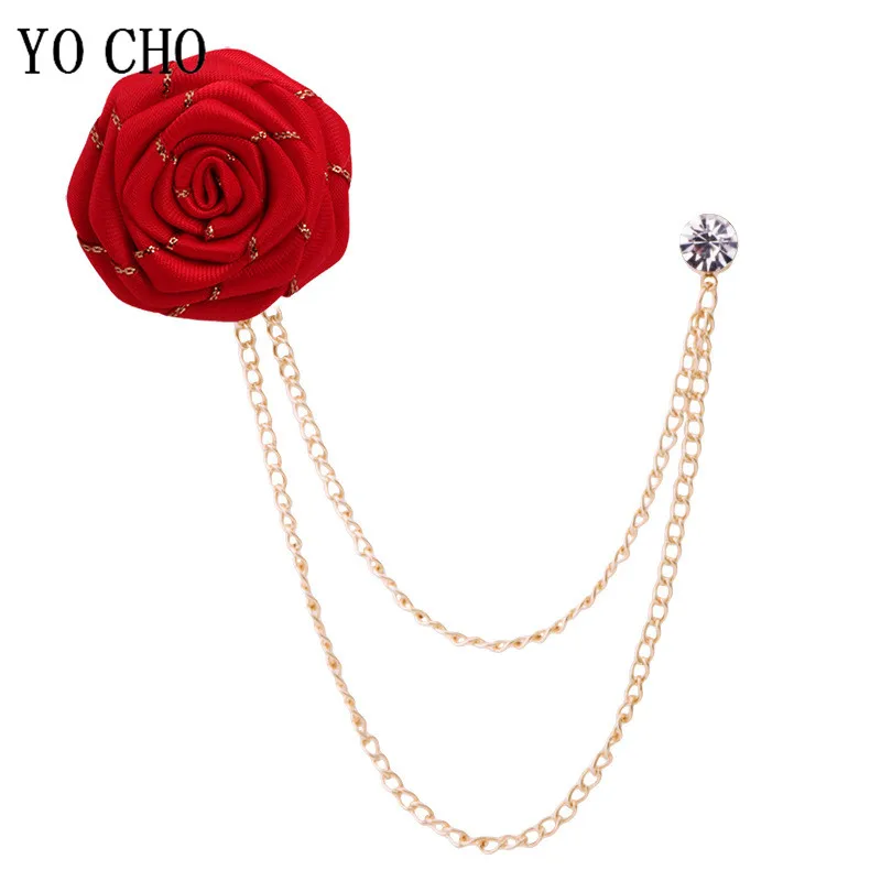 Men Wedding Brooches Cloth Art Handmade Rose Flower Brooch Lapel Pin Badge Tassel Chain Men's Suit Accessories Groom Boutonniere