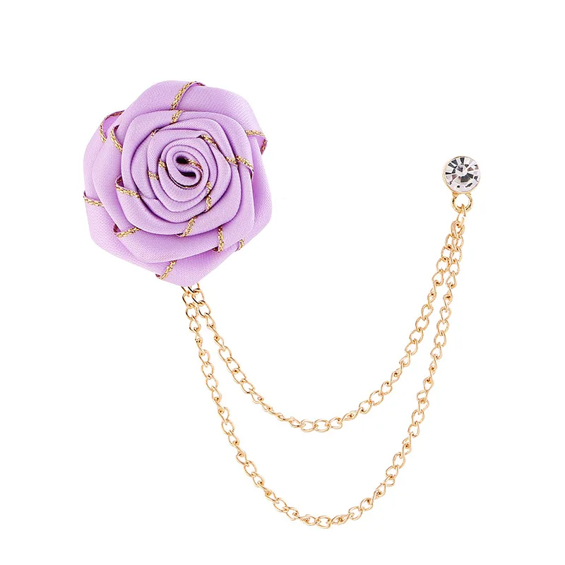 Men Wedding Brooches Cloth Art Handmade Rose Flower Brooch Lapel Pin Badge Tassel Chain Men's Suit Accessories Groom Boutonniere