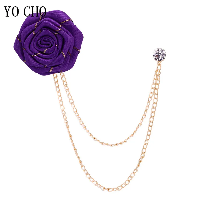 Men Wedding Brooches Cloth Art Handmade Rose Flower Brooch Lapel Pin Badge Tassel Chain Men's Suit Accessories Groom Boutonniere