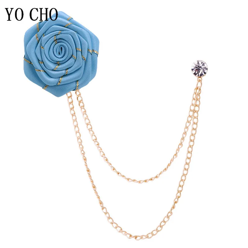 Men Wedding Brooches Cloth Art Handmade Rose Flower Brooch Lapel Pin Badge Tassel Chain Men's Suit Accessories Groom Boutonniere