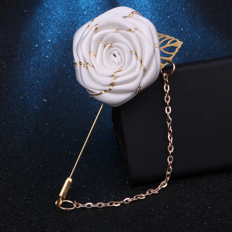 Men Wedding Brooches Cloth Art Handmade Rose Flower Brooch Lapel Pin Badge Tassel Chain Men's Suit Accessories Groom Boutonniere