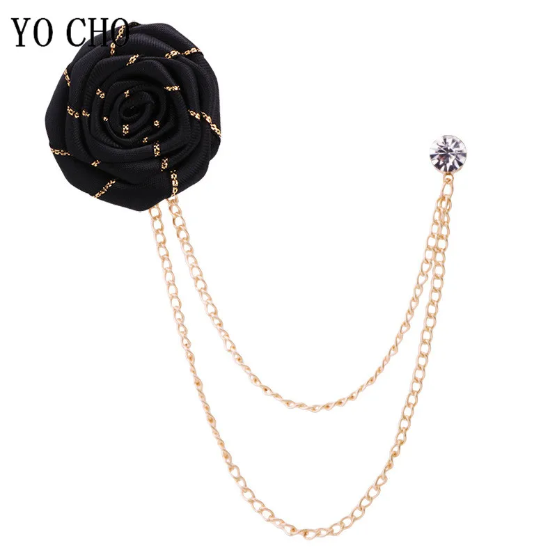 Men Wedding Brooches Cloth Art Handmade Rose Flower Brooch Lapel Pin Badge Tassel Chain Men's Suit Accessories Groom Boutonniere