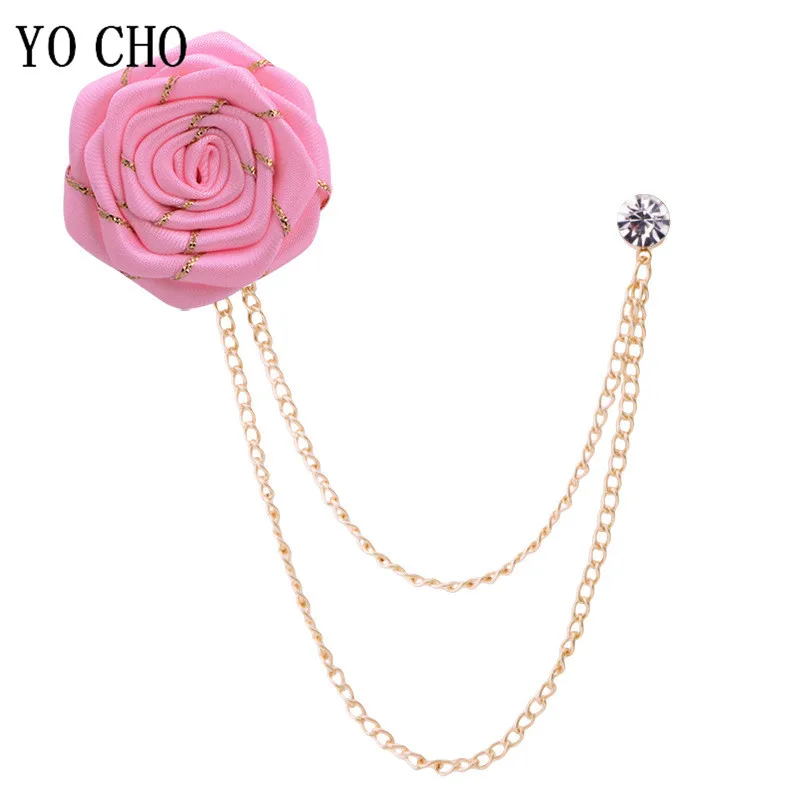 Men Wedding Brooches Cloth Art Handmade Rose Flower Brooch Lapel Pin Badge Tassel Chain Men's Suit Accessories Groom Boutonniere