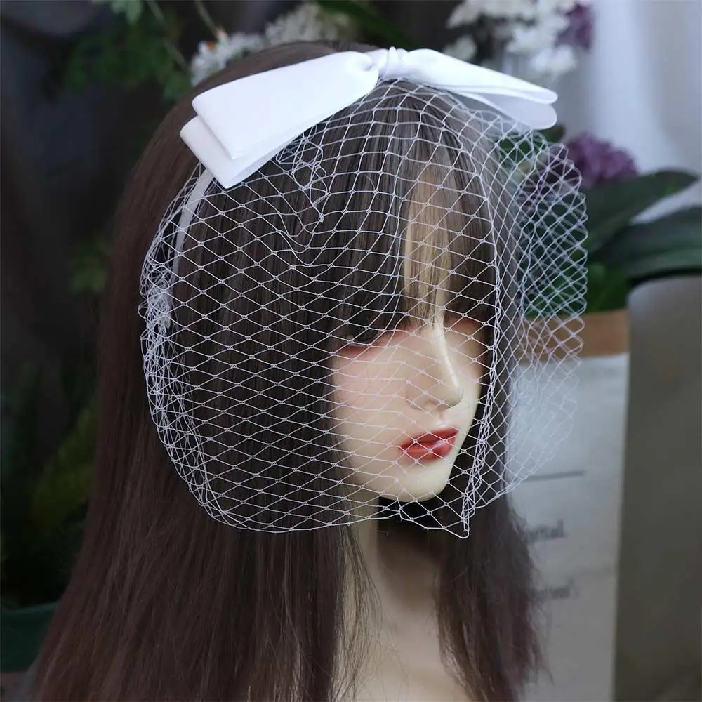 New French Style Bride Veils Satin Bow Elegant Bridal Headwear Fairy White Wedding Headband Face Cover