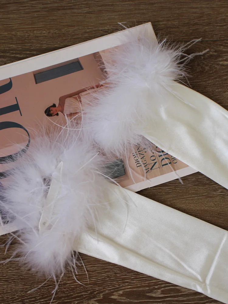 European and American Long Satin Feather Removable Bride Wedding Gloves Wholesale