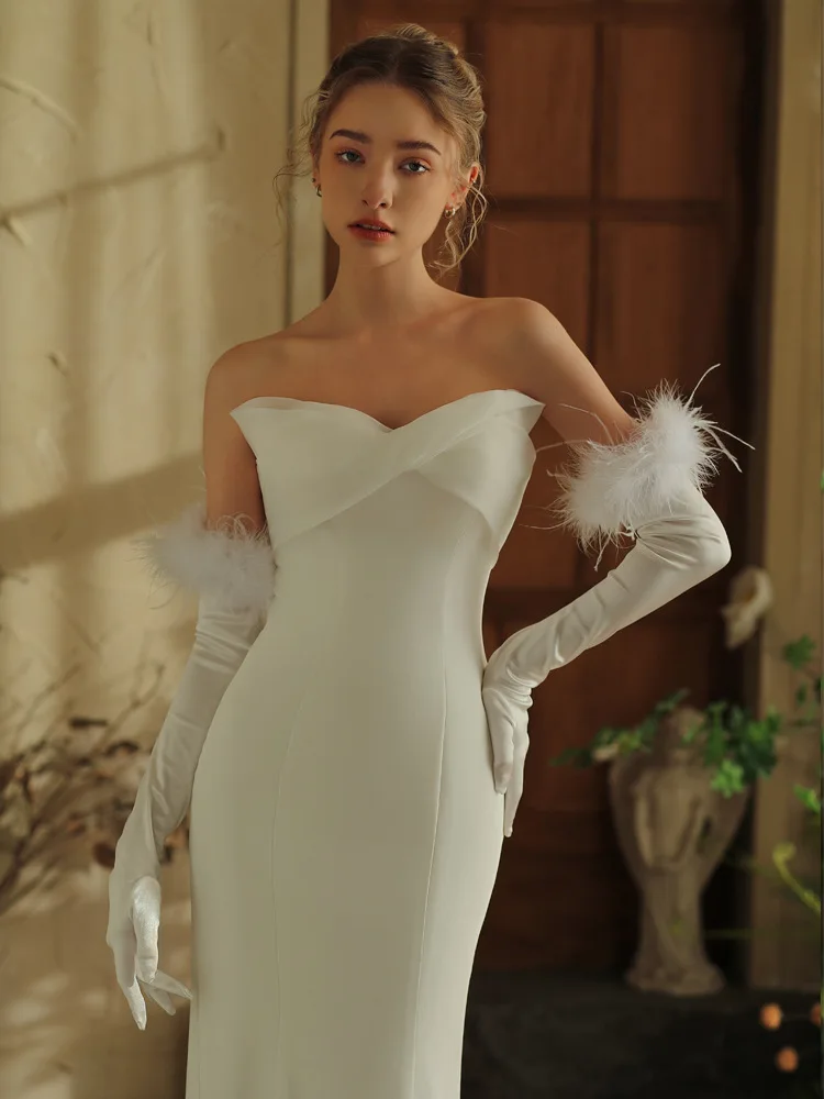 European and American Long Satin Feather Removable Bride Wedding Gloves Wholesale