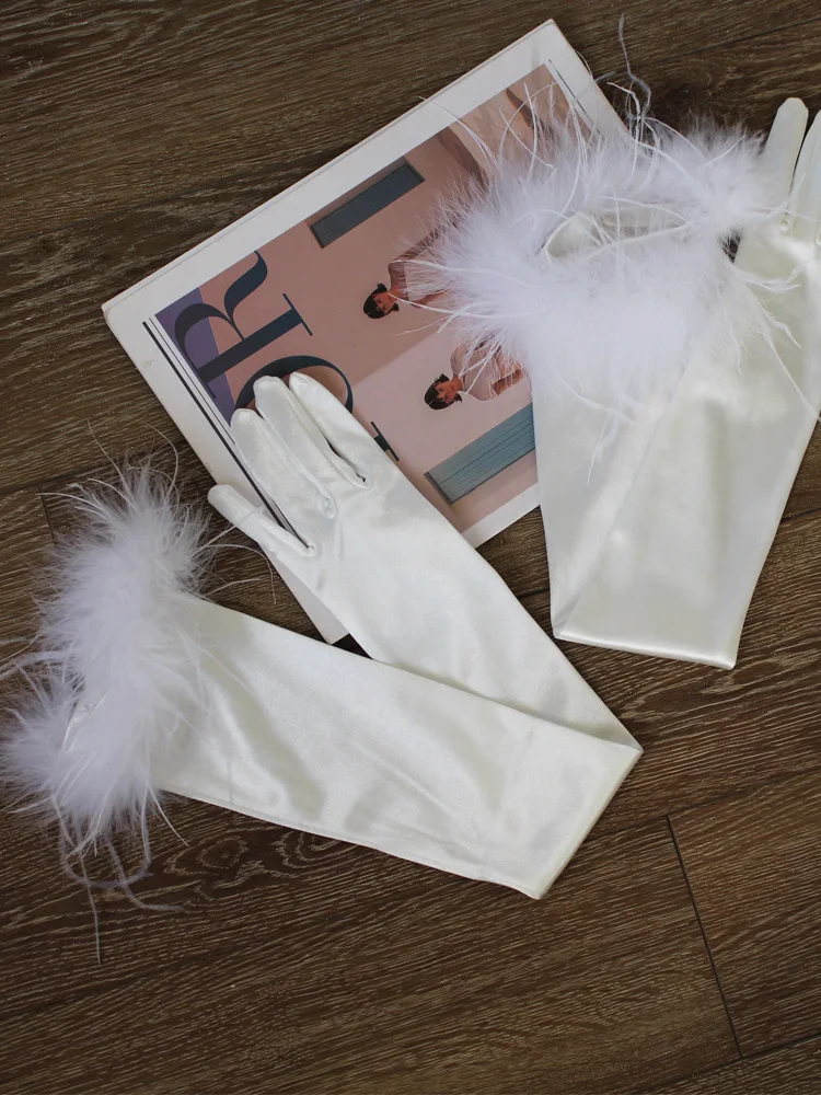European and American Long Satin Feather Removable Bride Wedding Gloves Wholesale