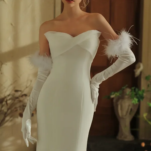 European and American Long Satin Feather Removable Bride Wedding Gloves Wholesale