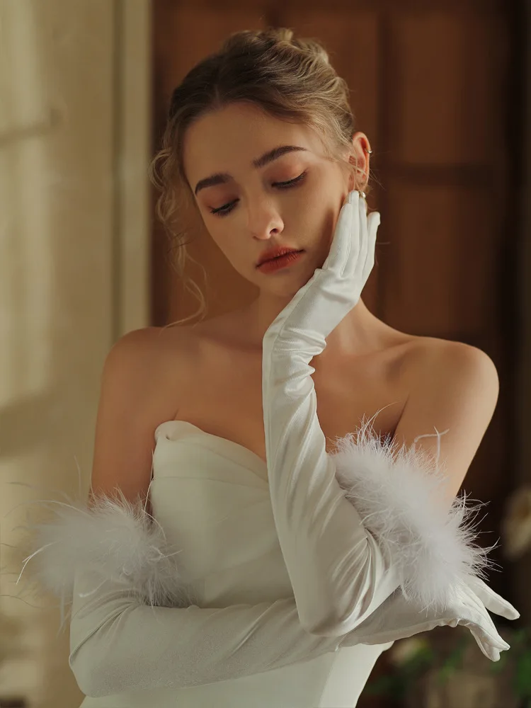 European and American Long Satin Feather Removable Bride Wedding Gloves Wholesale