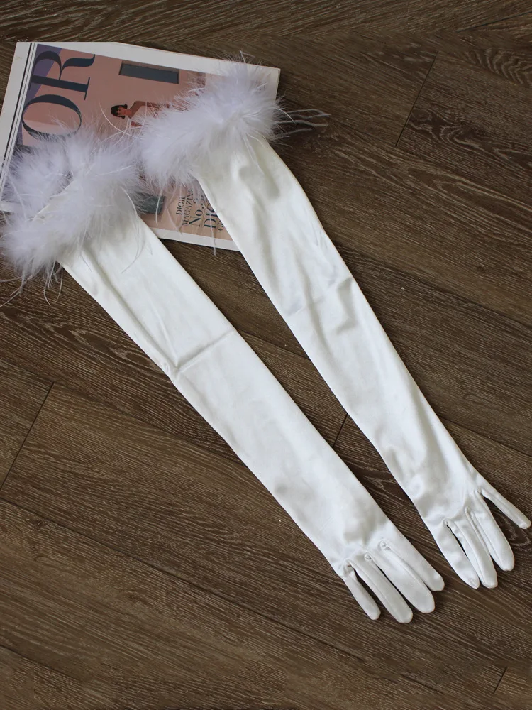 European and American Long Satin Feather Removable Bride Wedding Gloves Wholesale