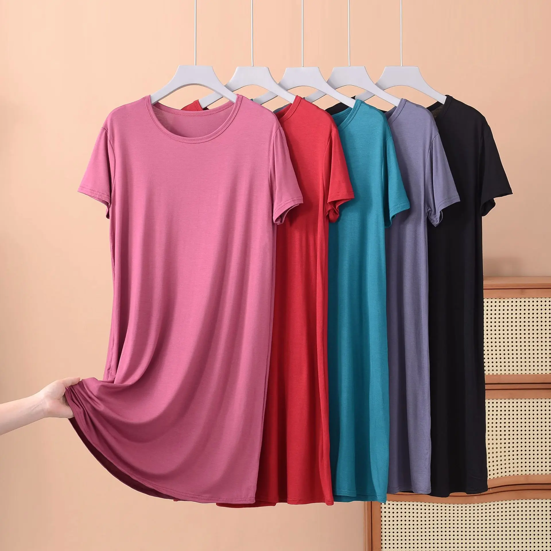 Plus size XL to 8XL Modal dress short sleeves summer women's cool dresses Solid color Bottomed sleepdress mid-length homewear