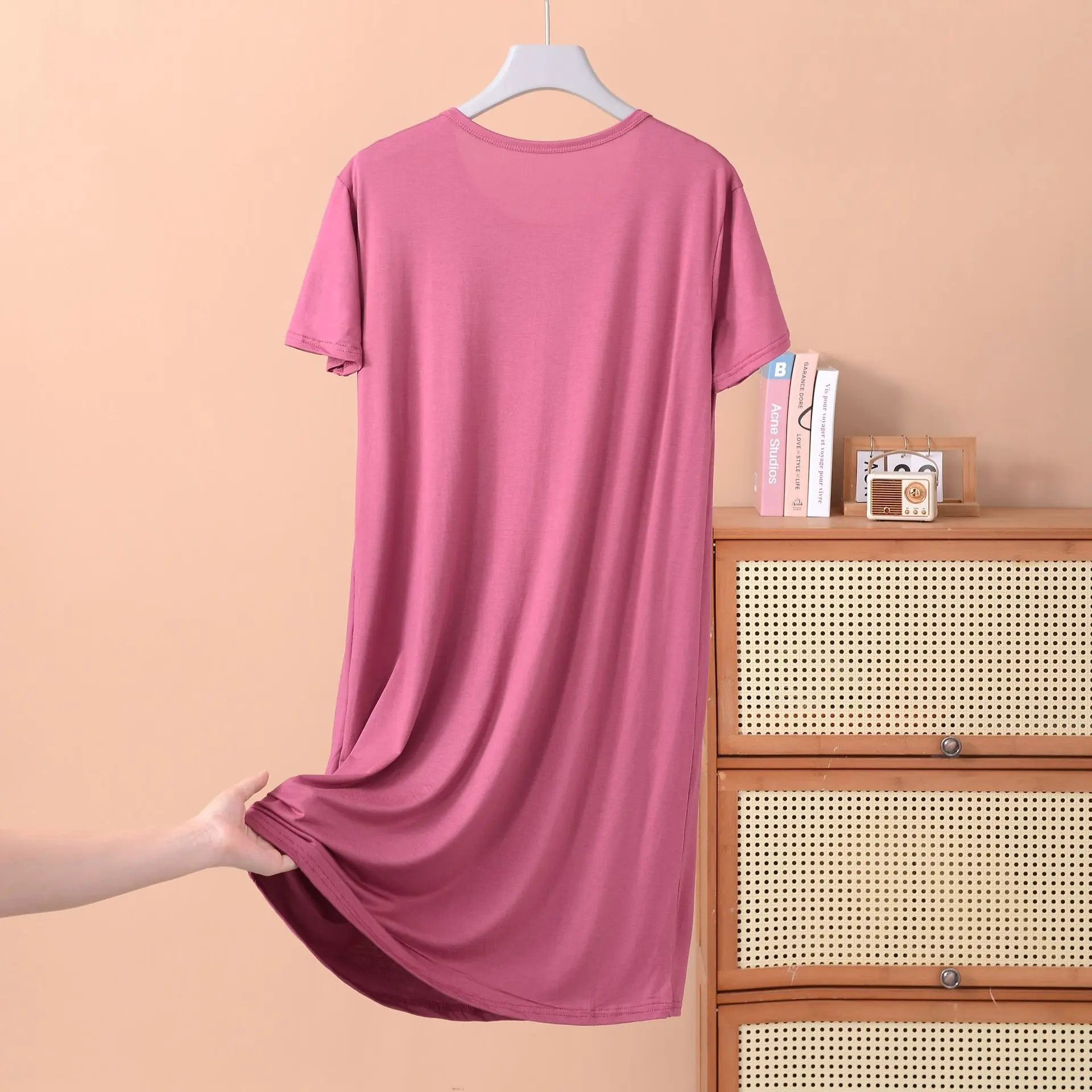 Plus size XL to 8XL Modal dress short sleeves summer women's cool dresses Solid color Bottomed sleepdress mid-length homewear