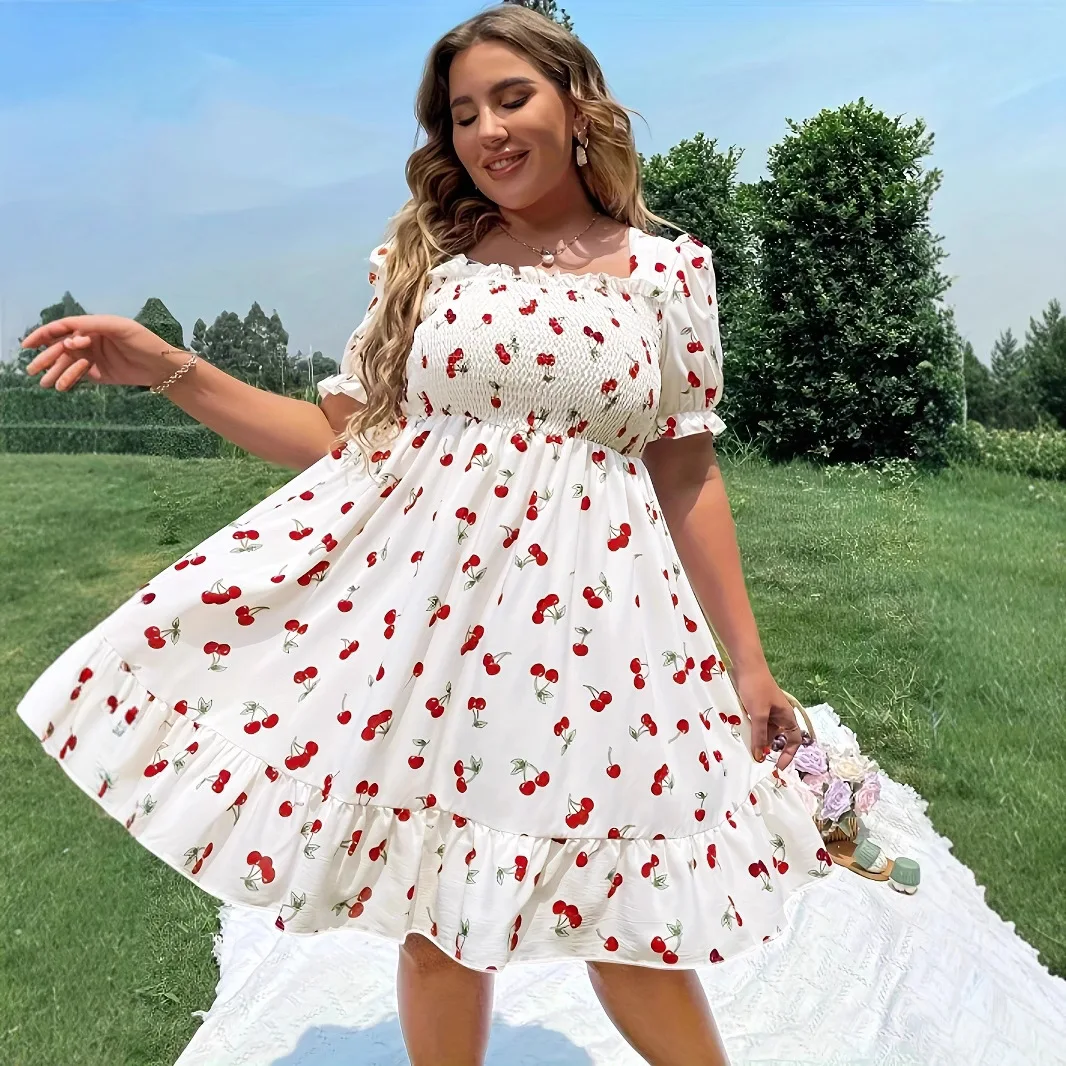 2025 Summer Women's Plus Size Dresses Fashion Cherry Print Short Sleeve Midi Dress Summer Casual A-line Dress