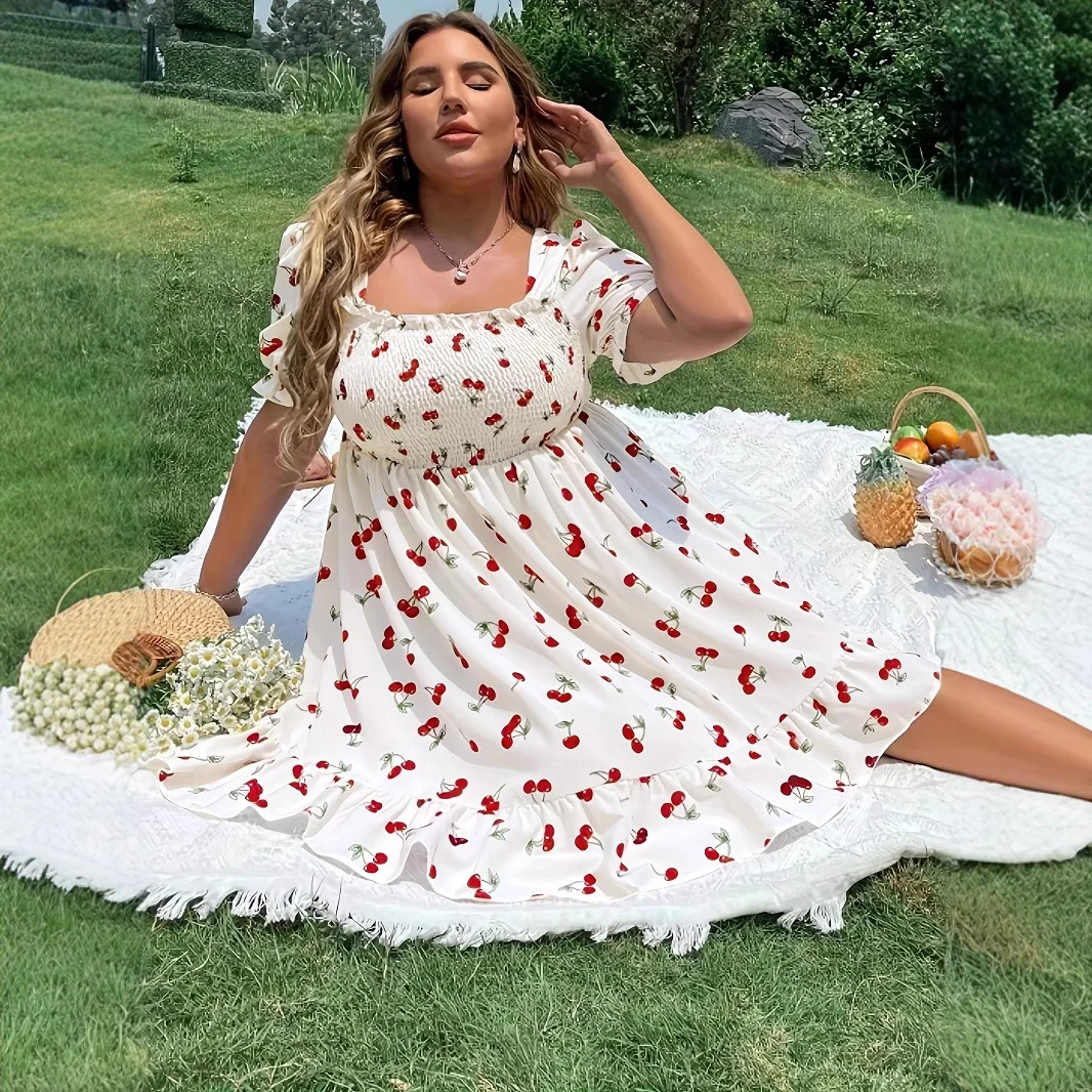 2025 Summer Women's Plus Size Dresses Fashion Cherry Print Short Sleeve Midi Dress Summer Casual A-line Dress
