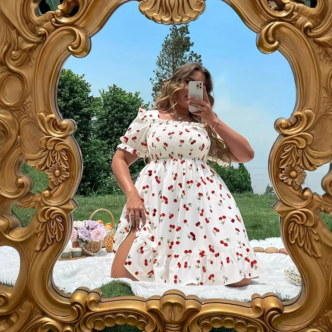 2025 Summer Women's Plus Size Dresses Fashion Cherry Print Short Sleeve Midi Dress Summer Casual A-line Dress