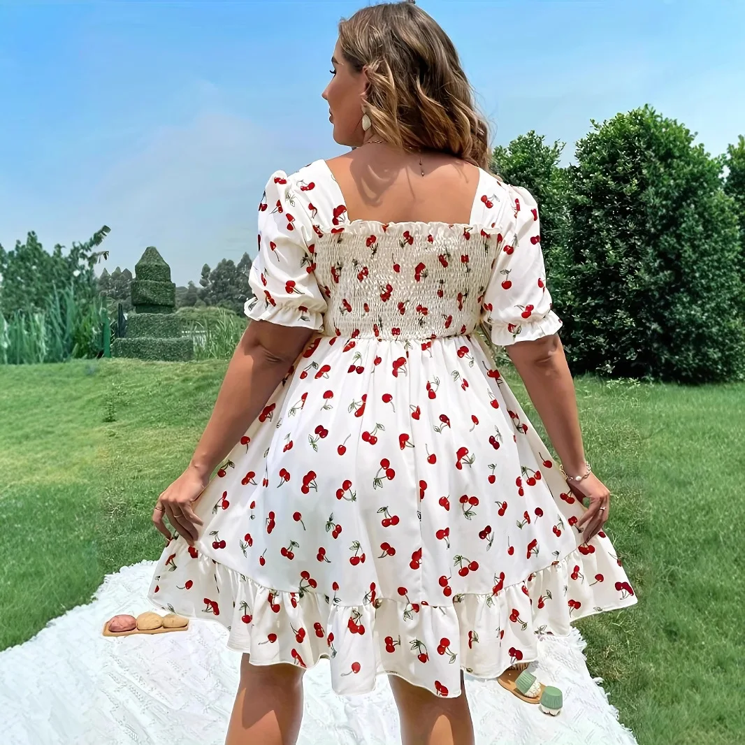 2025 Summer Women's Plus Size Dresses Fashion Cherry Print Short Sleeve Midi Dress Summer Casual A-line Dress