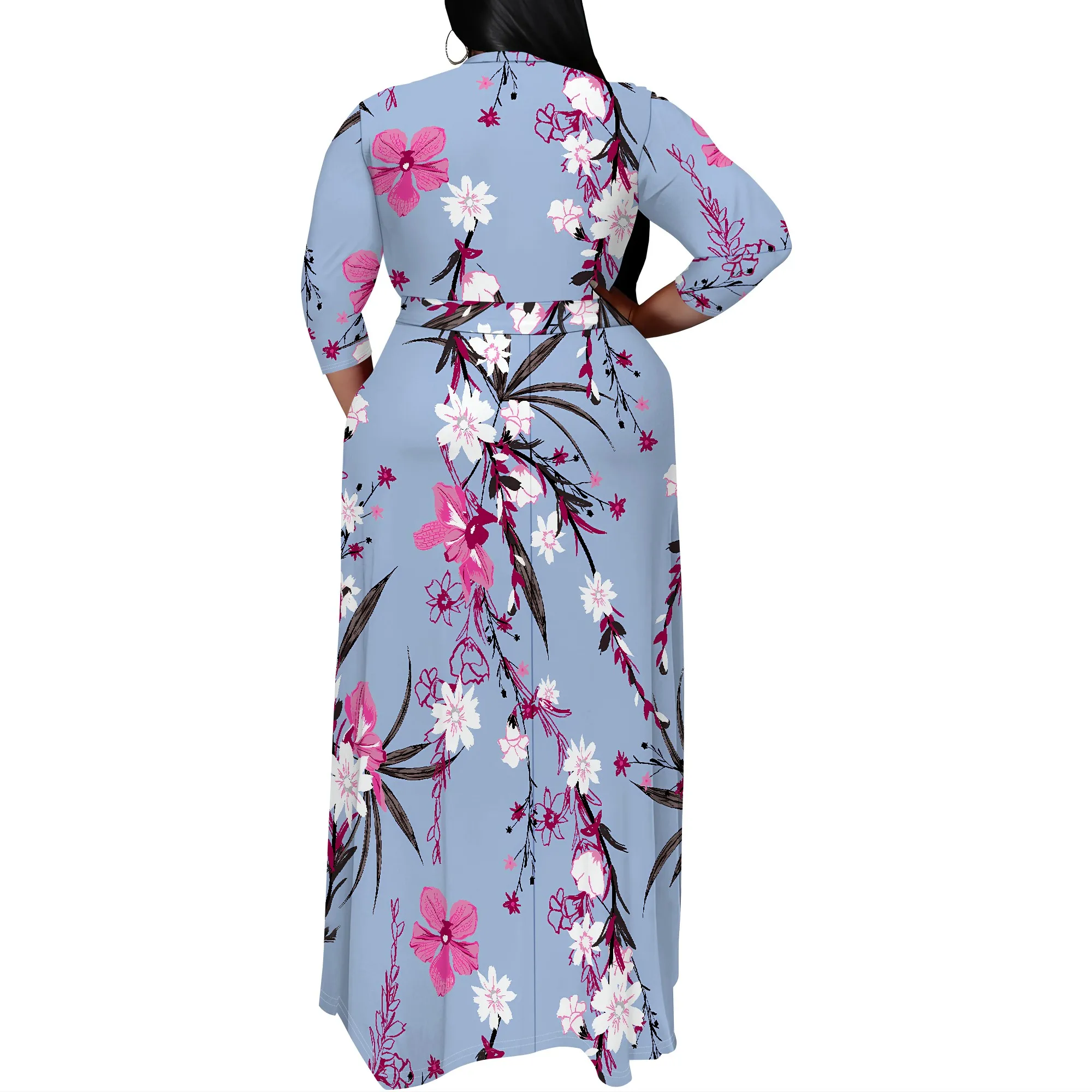 Plus Size Dress for Women - 3/4 Sleeve V-Neck Maxi Dress for Women with Belt and Pockets