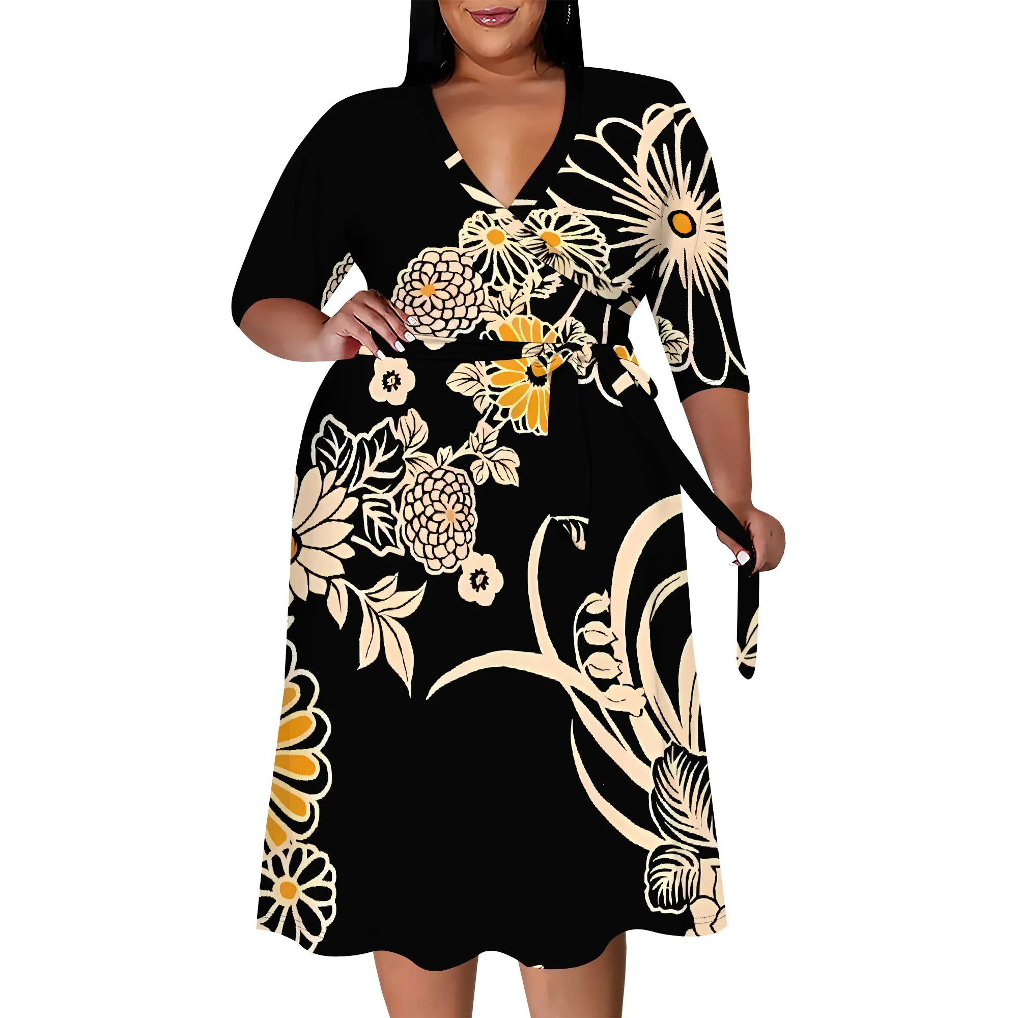 Plus size dress for curvy women Floral V-neck 3/4 sleeve A-line skirt with belt