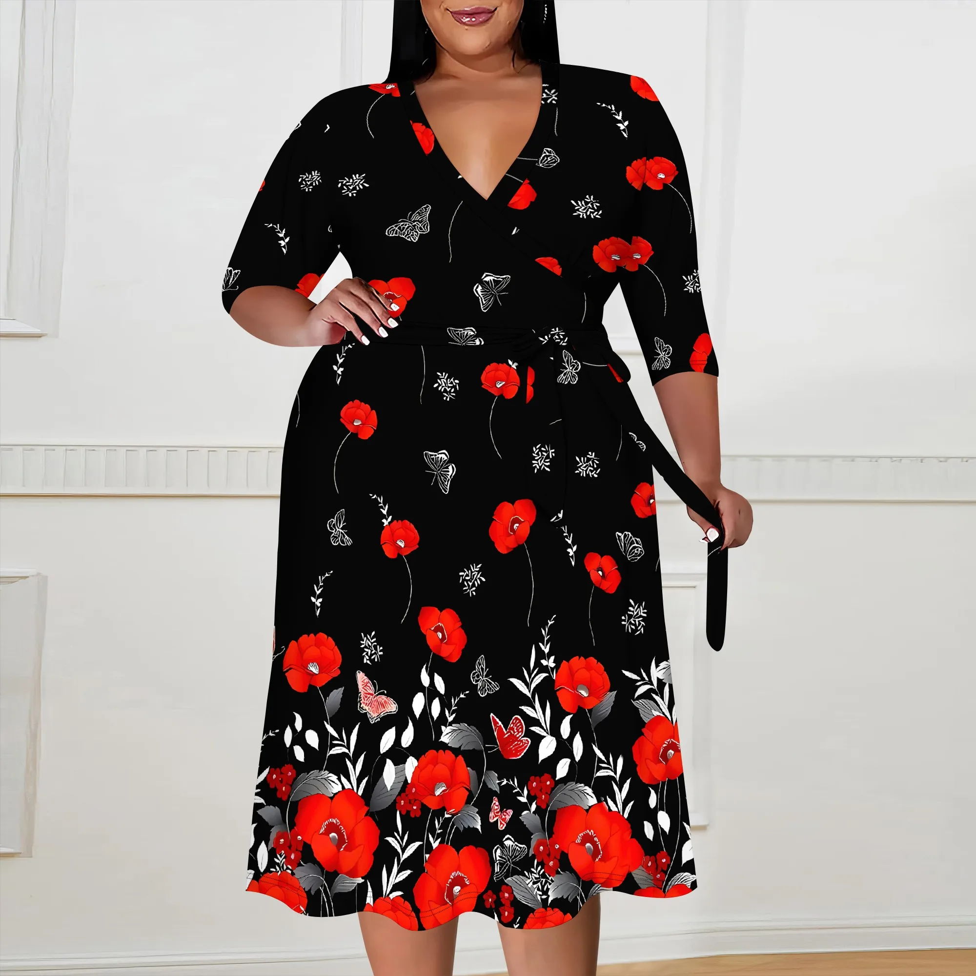 Plus size dress for curvy women Floral V-neck 3/4 sleeve A-line skirt with belt
