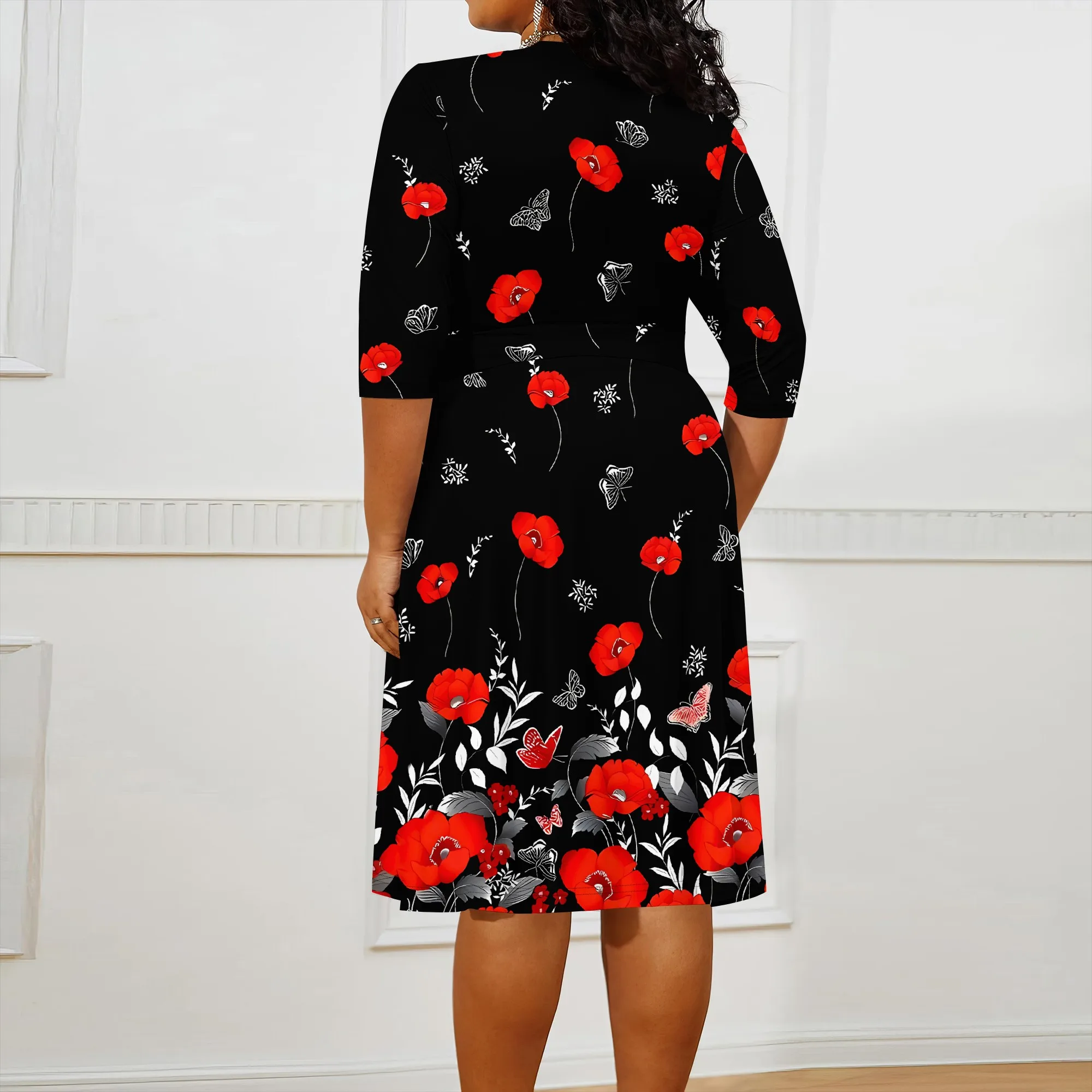 Plus size dress for curvy women Floral V-neck 3/4 sleeve A-line skirt with belt