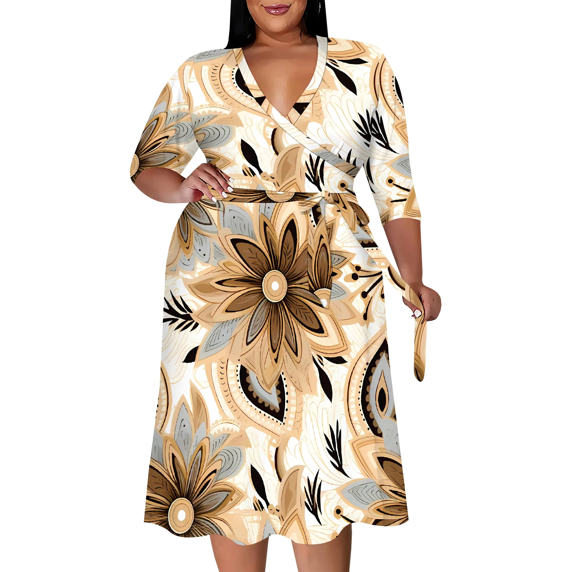 Plus size dress for curvy women Floral V-neck 3/4 sleeve A-line skirt with belt