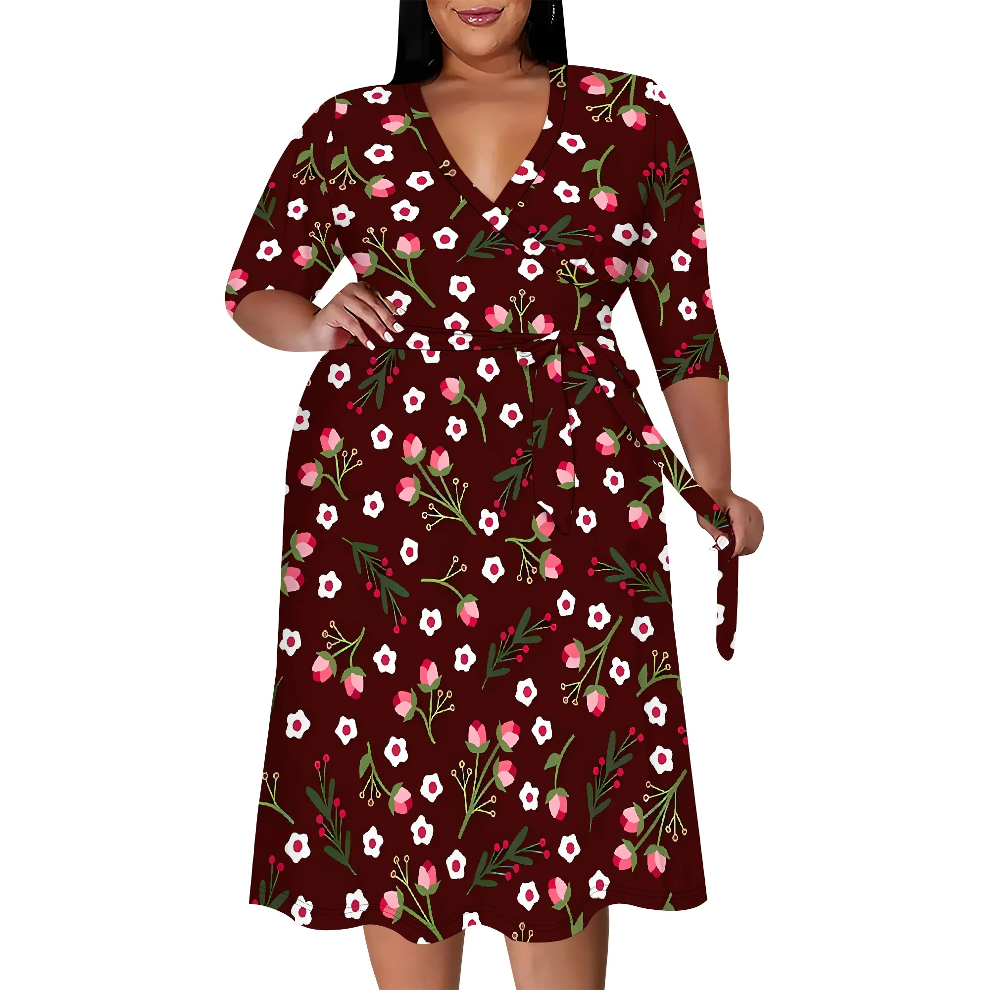 Plus size dress for curvy women Floral V-neck 3/4 sleeve A-line skirt with belt