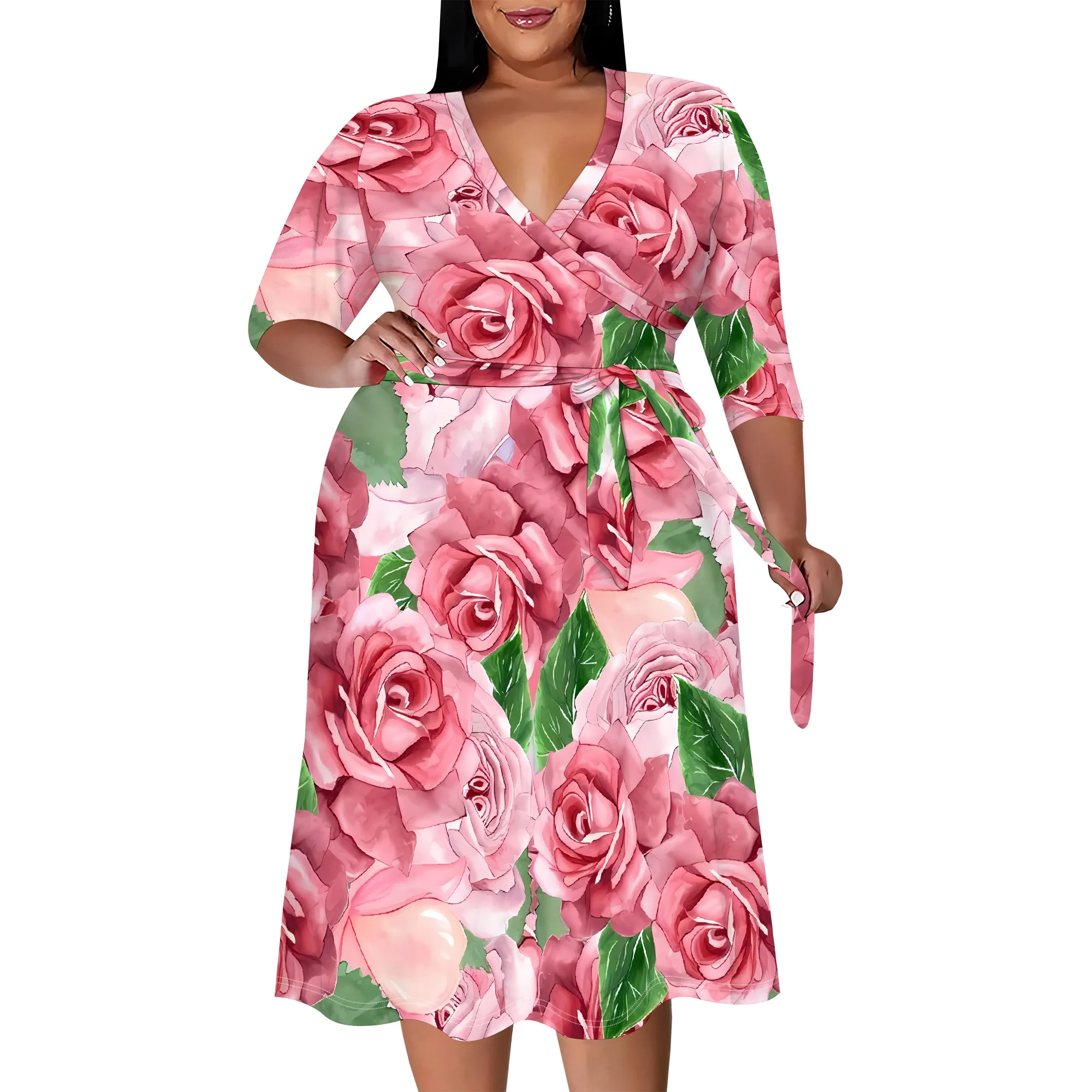 Plus size dress for curvy women Floral V-neck 3/4 sleeve A-line skirt with belt