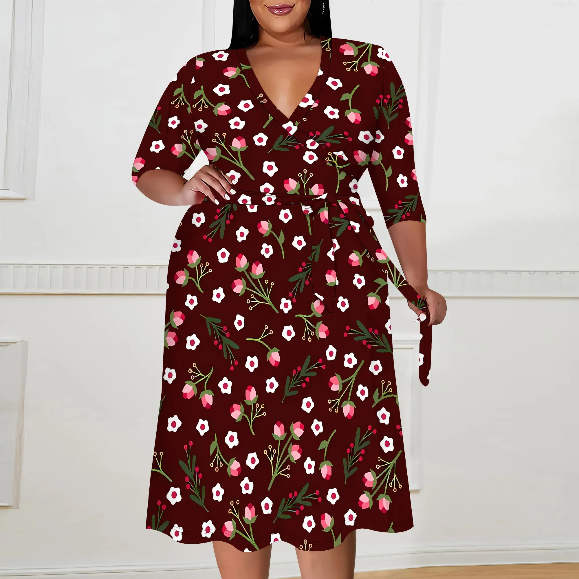 Plus size dress for curvy women Floral V-neck 3/4 sleeve A-line skirt with belt