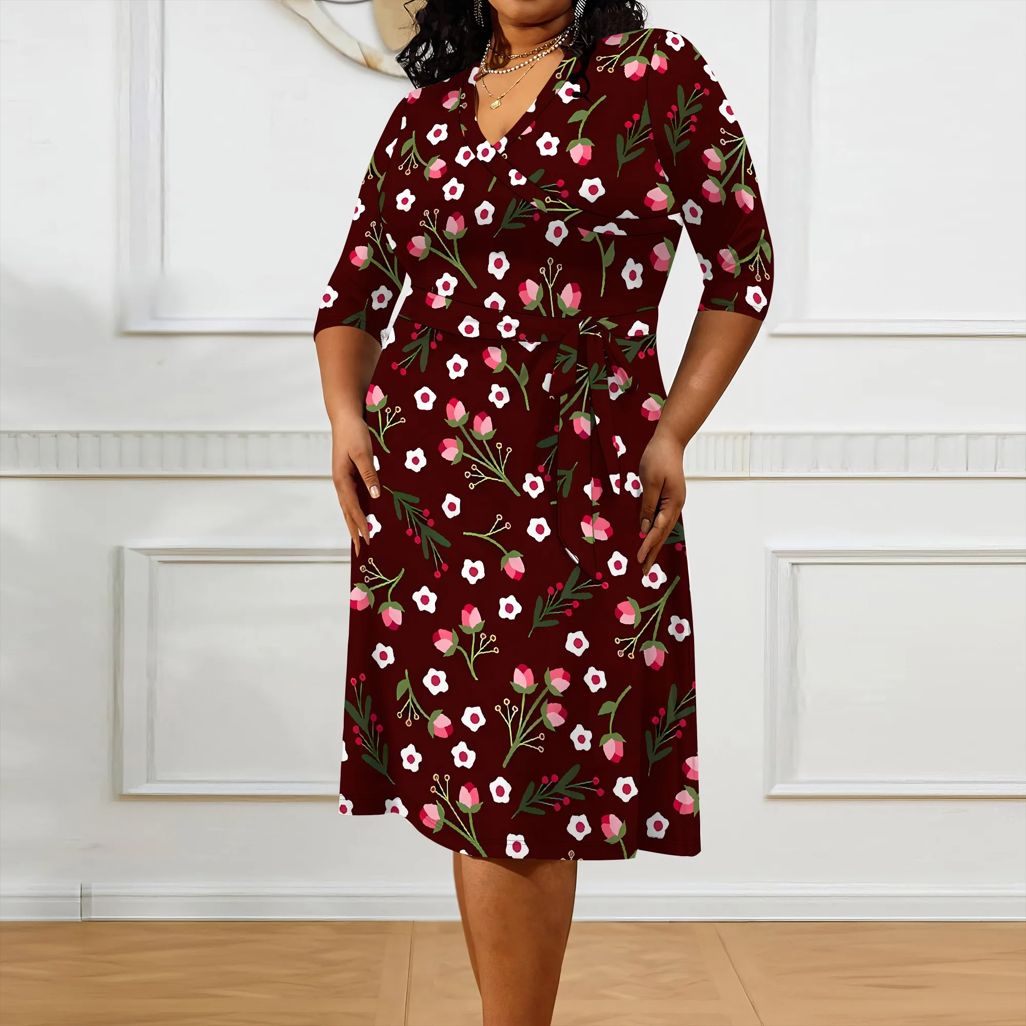 Plus size dress for curvy women Floral V-neck 3/4 sleeve A-line skirt with belt