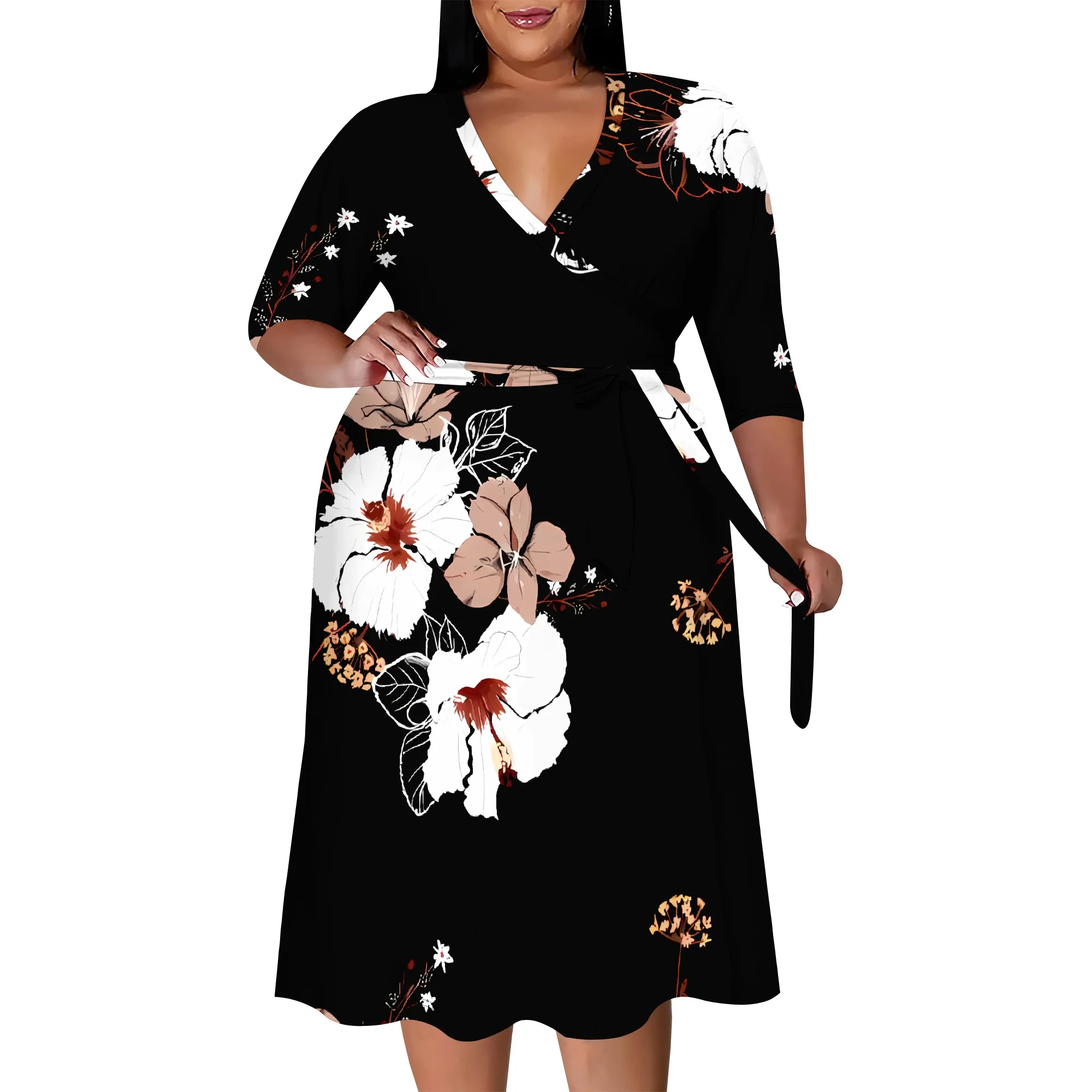 Plus size dress for curvy women Floral V-neck 3/4 sleeve A-line skirt with belt