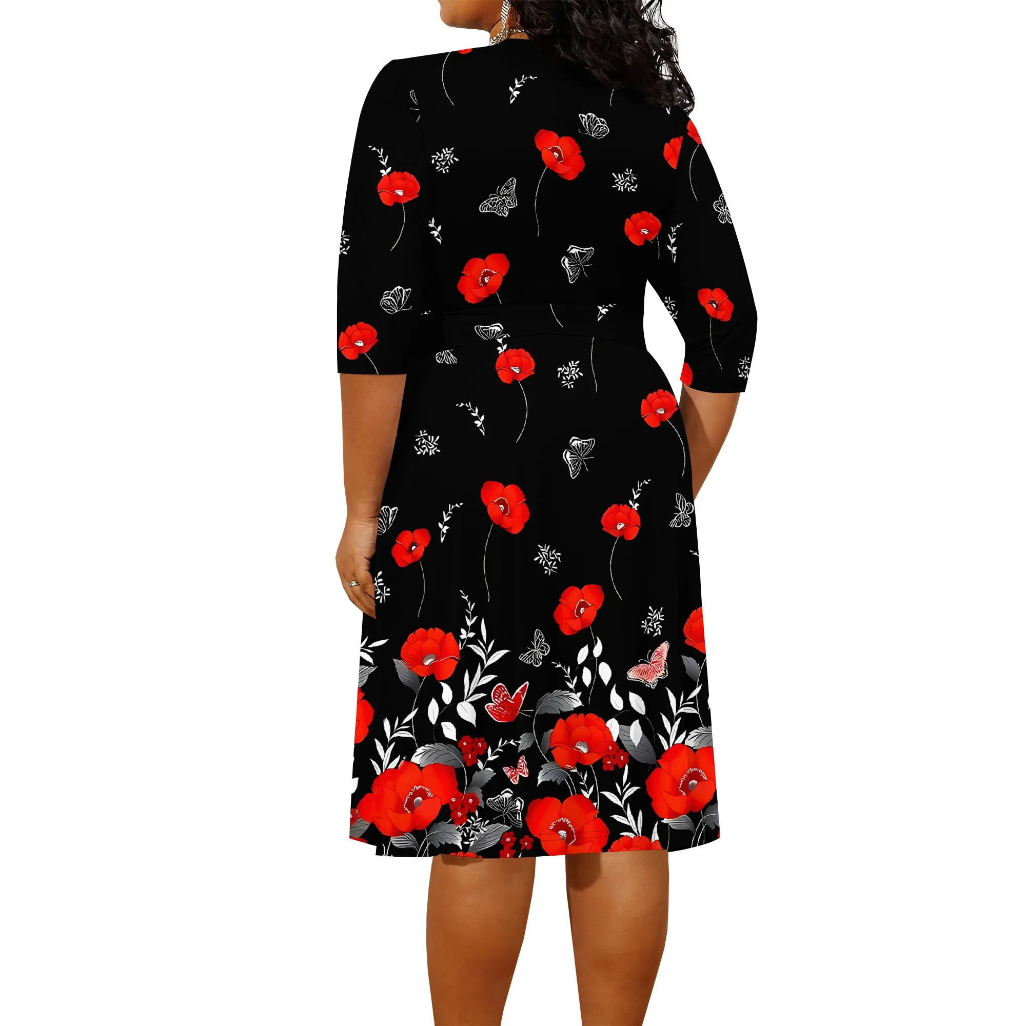 Plus size dress for curvy women Floral V-neck 3/4 sleeve A-line skirt with belt