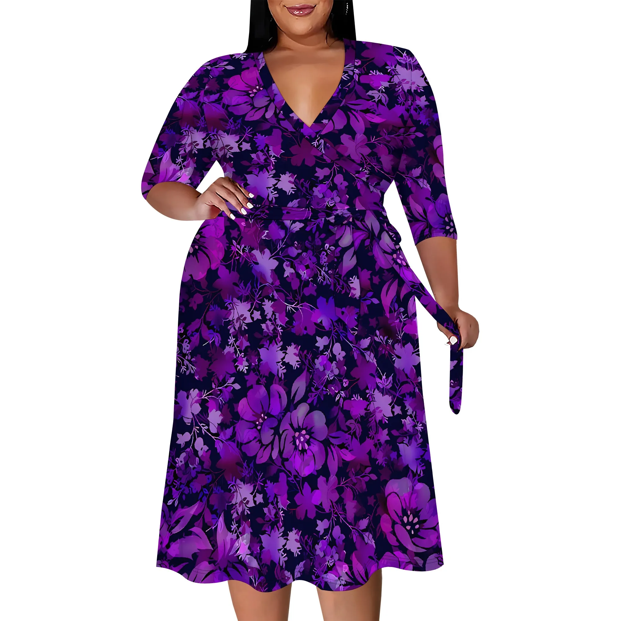 Plus size dress for curvy women Floral V-neck 3/4 sleeve A-line skirt with belt