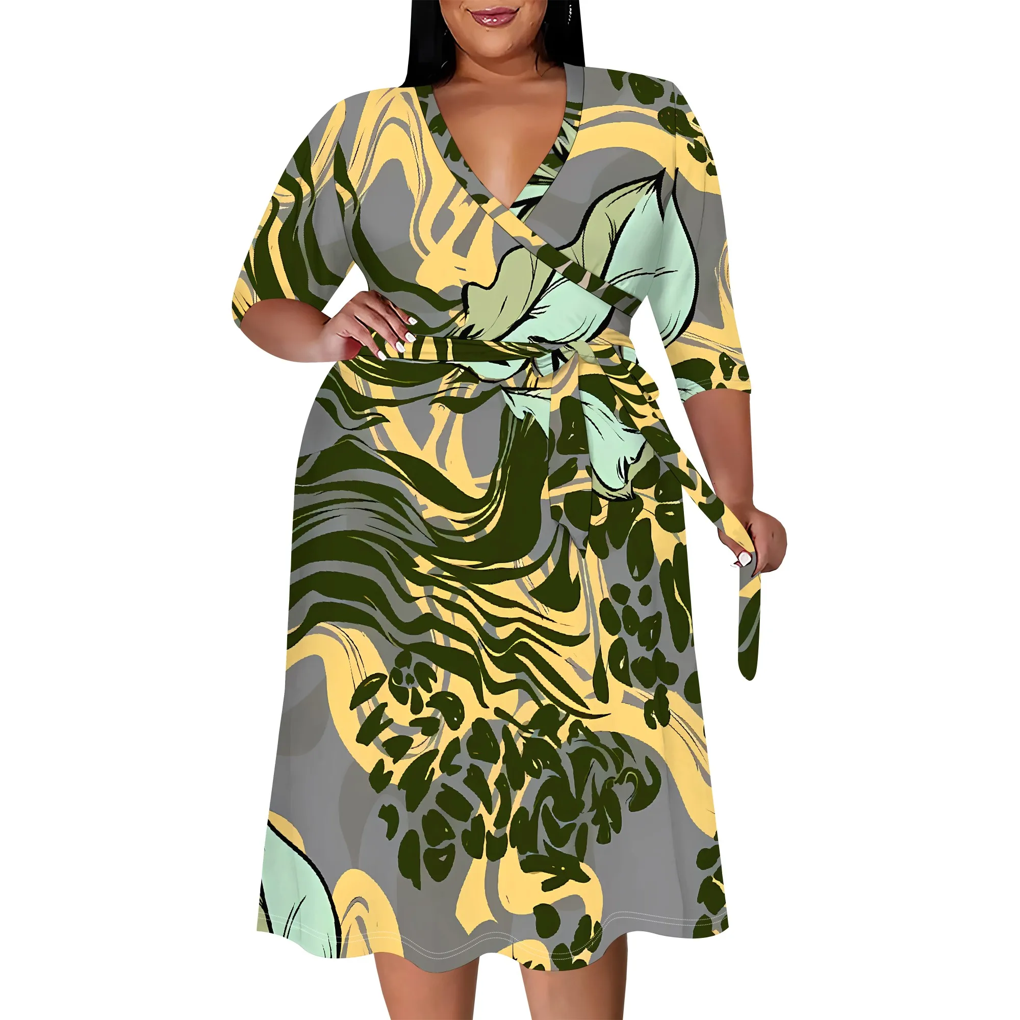 Plus size dress for curvy women Floral V-neck 3/4 sleeve A-line skirt with belt